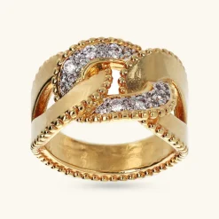 Anello a Fascia Catena Grumetta con Bordi Lavorati e Pavé in Cubic Zirconia