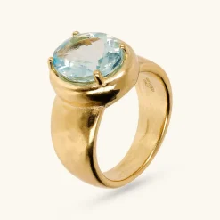Anello Cocktail Martellato in Argento 925 placcato Oro Giallo 18Kt con Pietra Naturale Ovale