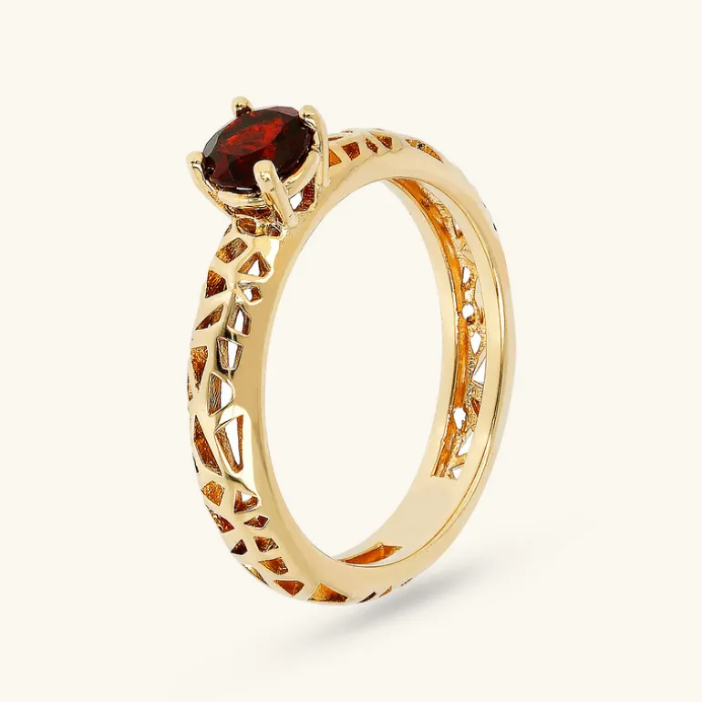 Anello Solitario Traforato in Argento 925 Placcato Oro Giallo 18kt con Pietra Naturale