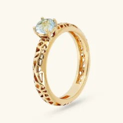 Anello Solitario Traforato in Argento 925 Placcato Oro Giallo 18kt con Pietra Naturale