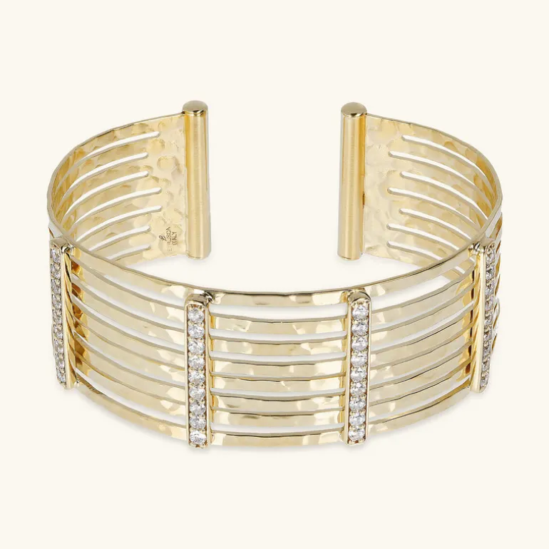 Bracciale a Fascia Rigido Martellato con Cubic Zirconia