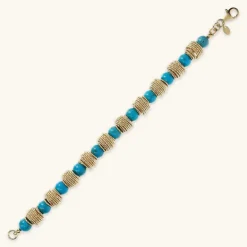 Bracciale in Argento 925 Placcato Oro Giallo 18kt con Rondelle Lavorate e Pietra Naturale Turchese