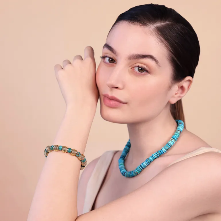 Bracciale in Argento 925 Placcato Oro Giallo 18kt con Rondelle Lavorate e Pietra Naturale Turchese