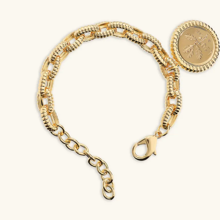 Bracciale Maglie Ovali Texture Rigata con Ciondolo Moneta