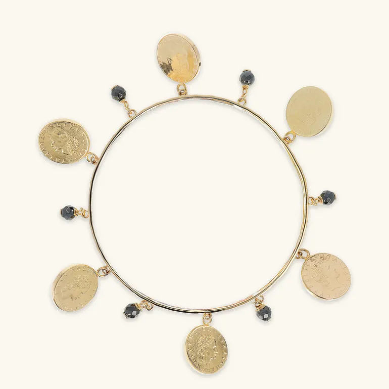 Bracciale Rigido con Pendenti Moneta ed Ematite Grigia