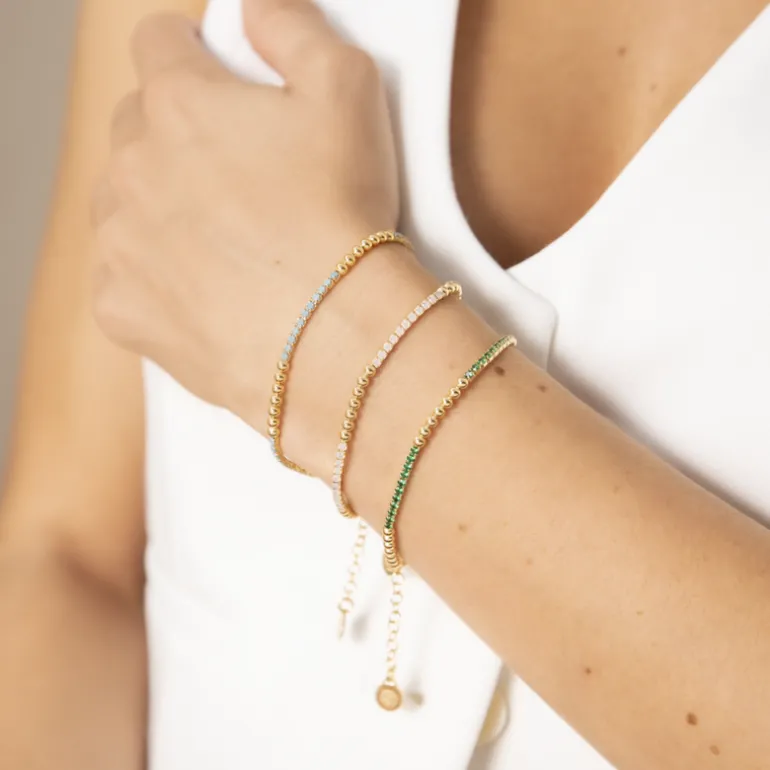 Bracciale Tennis Misto in Argento 925 Placcato Oro Giallo 18kt con Piccole Sfere e Cubic Zirconia
