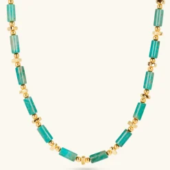 Collana Girocollo con Piccole Sfere Golden e Pietra Naturale Turchese