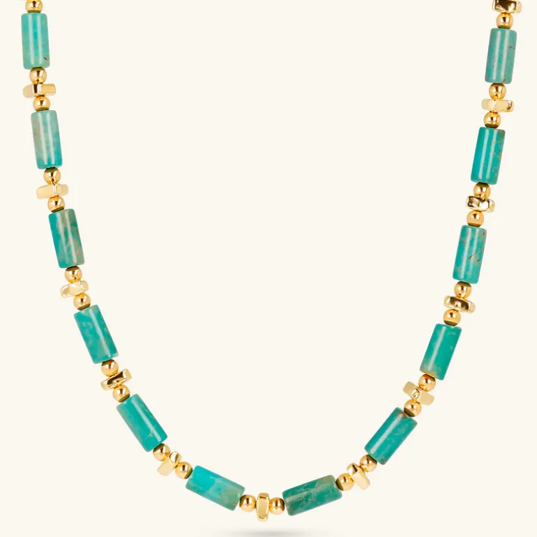 Collana Girocollo con Piccole Sfere Golden e Pietra Naturale Turchese