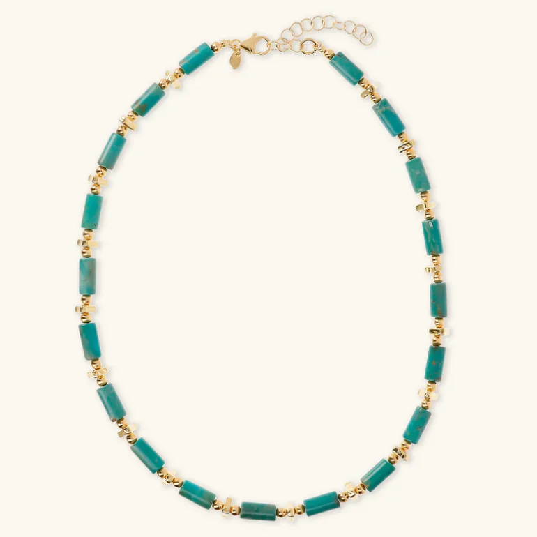 Collana Girocollo con Piccole Sfere Golden e Pietra Naturale Turchese
