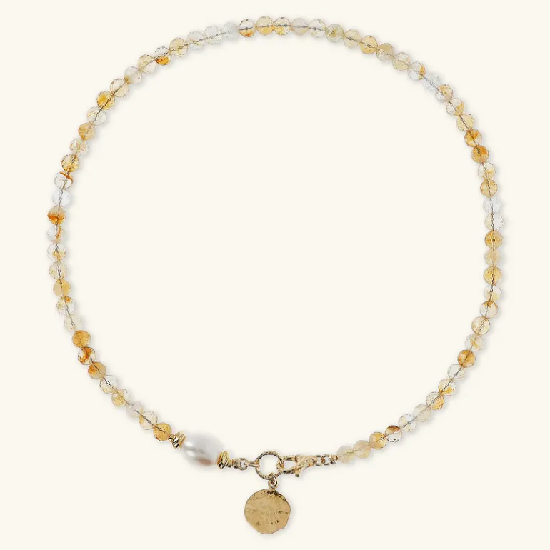 Collana Girocollo con Pietre Naturali Pendente Martellato e Perla Barocca Bianca d'Acqua Dolce Ø 9/10 mm