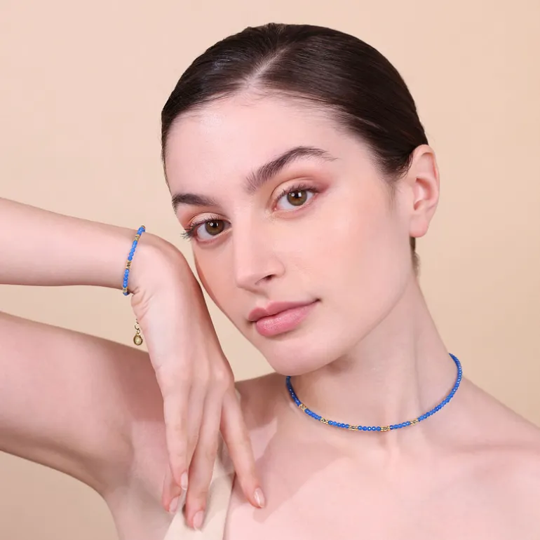 Collana Girocollo in Argento 925 placcato Oro Giallo 18kt con Sfere Golden e Pietra Naturale Quarzite