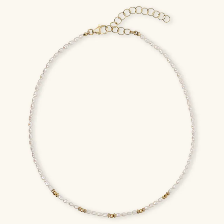 Collana Girocollo in Argento 925 placcato Oro Giallo 18kt con Sfere Golden e Perle a Chicco d'Acqua Dolce