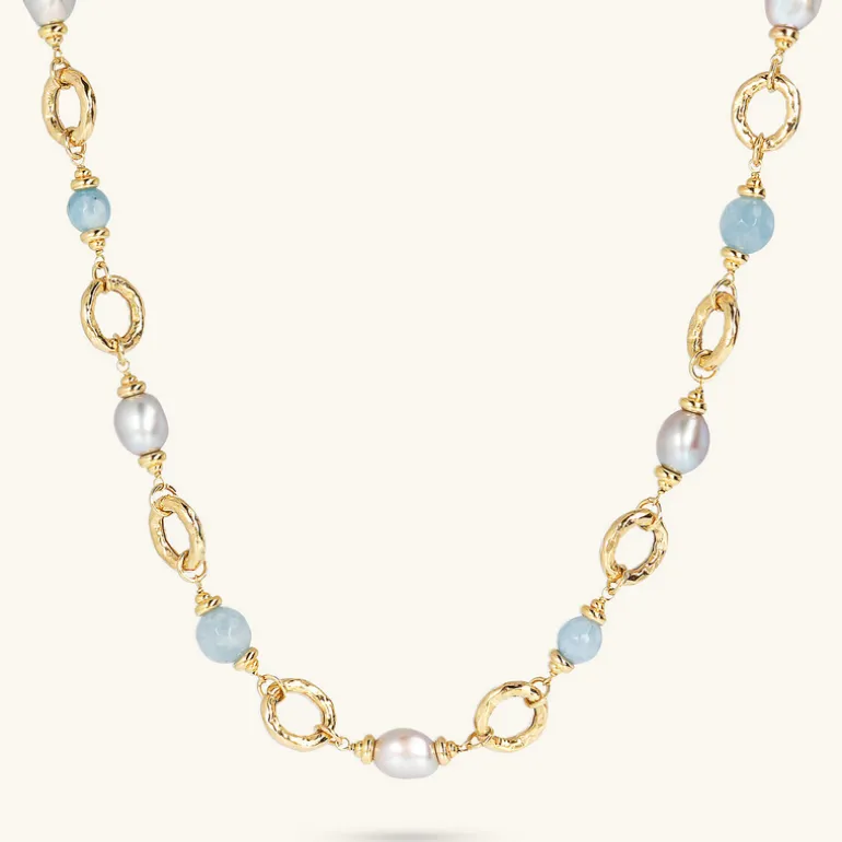 Collana Lunga con Anelli Martellati Quarzite Celeste e Perle d'Acqua Dolce Grigie Ø 11/11.5 mm
