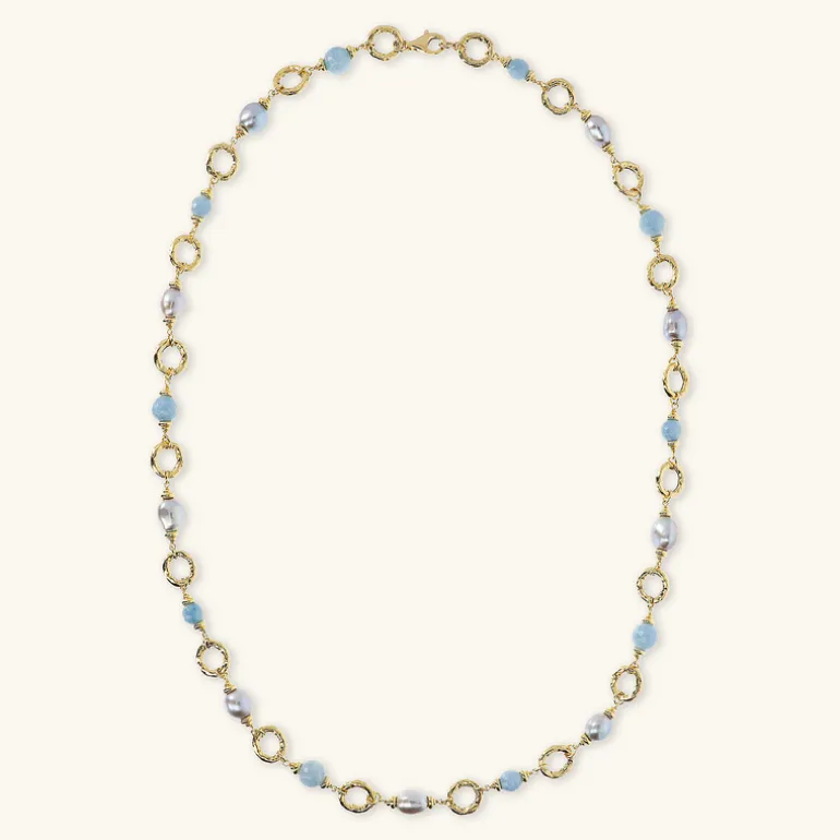 Collana Lunga con Anelli Martellati Quarzite Celeste e Perle d'Acqua Dolce Grigie Ø 11/11.5 mm
