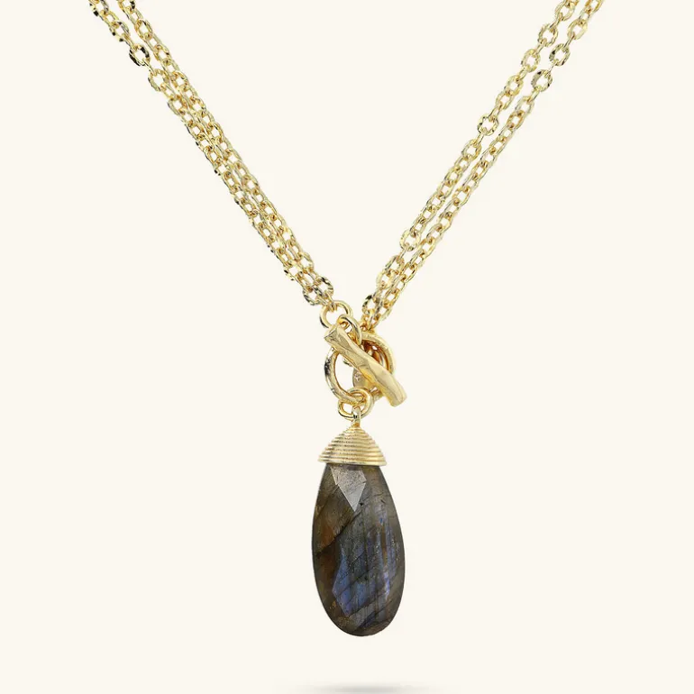 Collana Lunga Multifilo Catena Forzatina con Pendente Goccia in Pietra Naturale