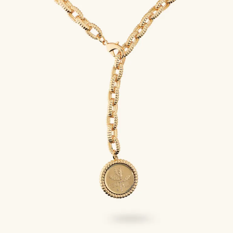 Collana Maglie Ovali Texture Rigata con Ciondolo Moneta