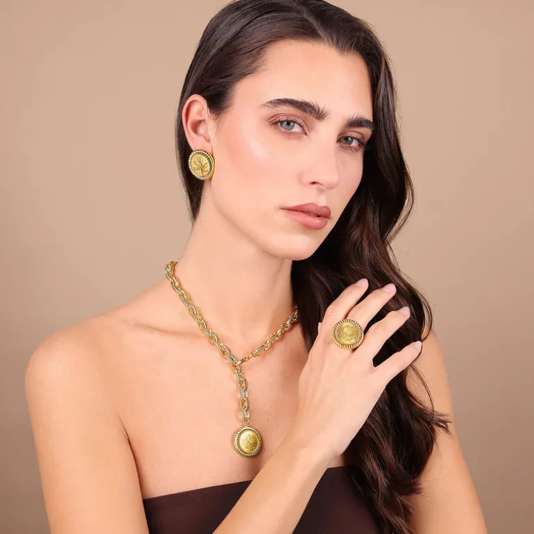 Collana Maglie Ovali Texture Rigata con Ciondolo Moneta