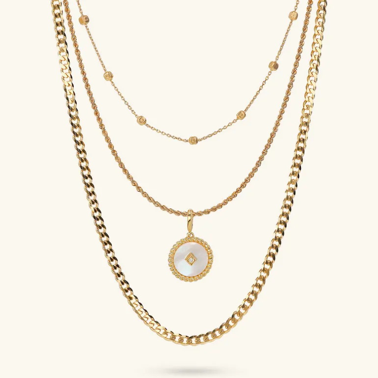 Collana Multifilo con Pendente Tondo in Madreperla Bianca