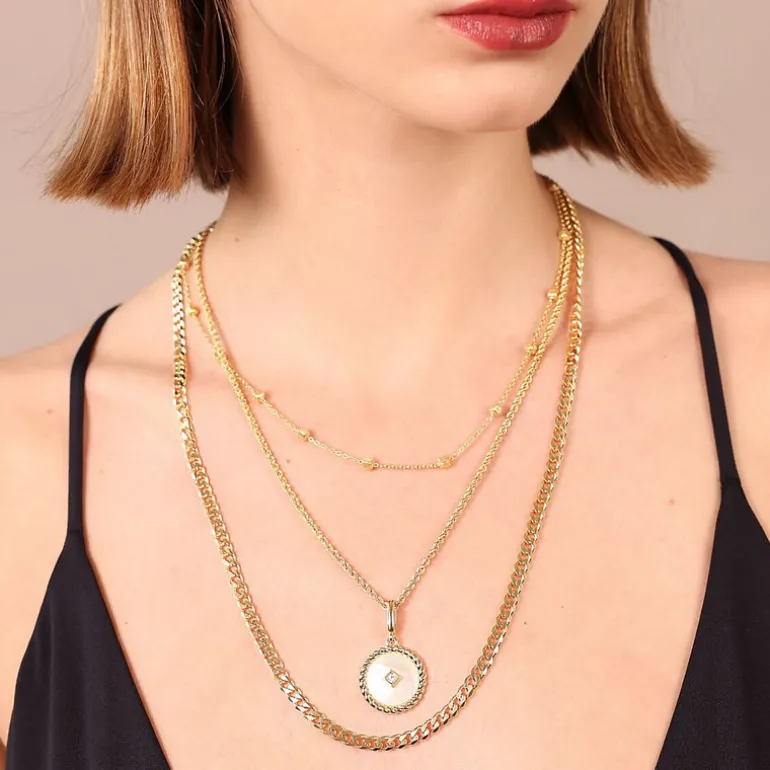 Collana Multifilo con Pendente Tondo in Madreperla Bianca