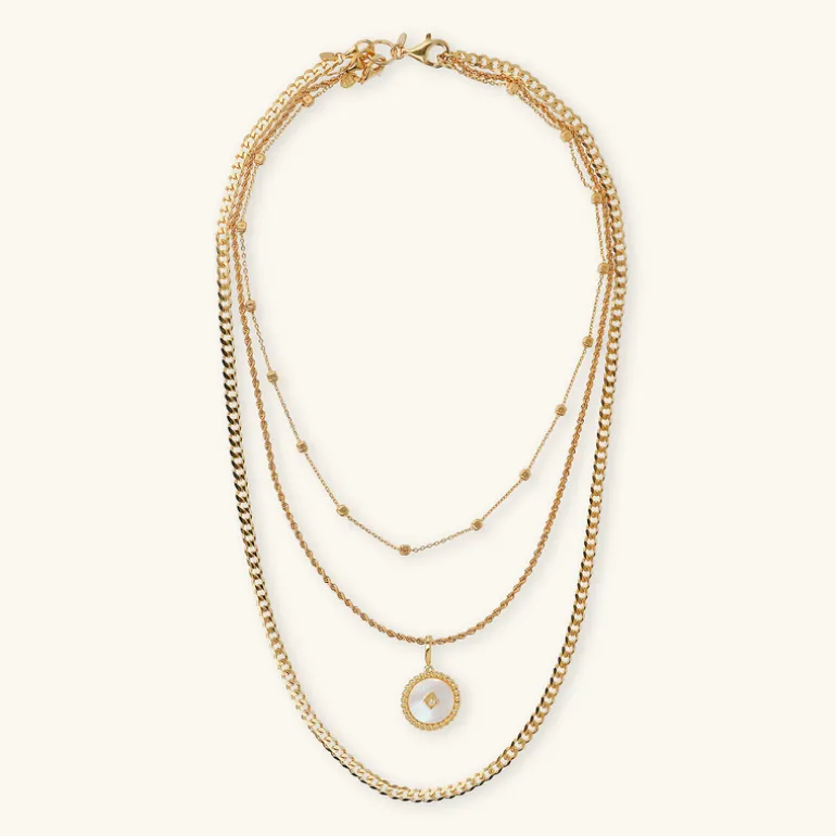 Collana Multifilo con Pendente Tondo in Madreperla Bianca