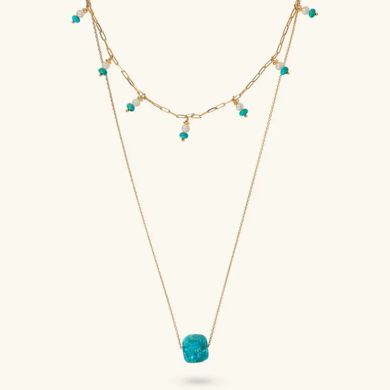Collana Multifilo in Argento 925 Placcata Oro Giallo 18kt con Pietra Naturale Turchese e Perle Bianche d'Acqua Dolce Ø 4 mm
