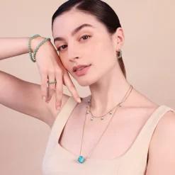 Collana Multifilo in Argento 925 Placcata Oro Giallo 18kt con Pietra Naturale Turchese e Perle Bianche d'Acqua Dolce Ø 4 mm