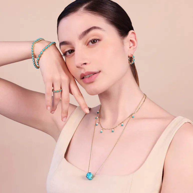 Collana Multifilo in Argento 925 Placcata Oro Giallo 18kt con Pietra Naturale Turchese e Perle Bianche d'Acqua Dolce Ø 4 mm
