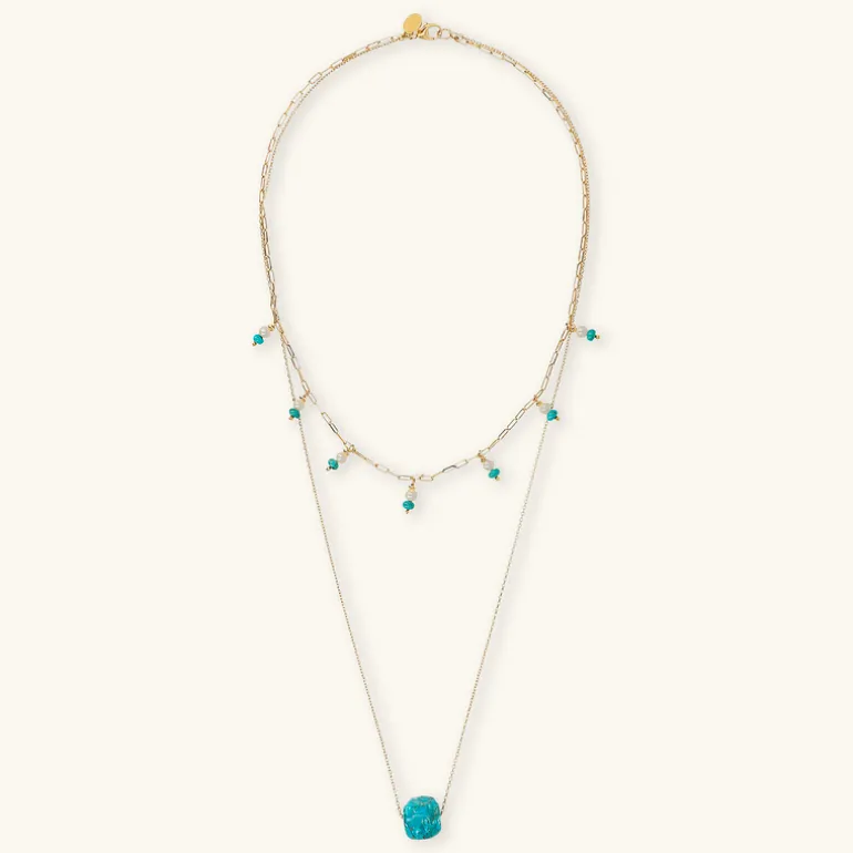 Collana Multifilo in Argento 925 Placcata Oro Giallo 18kt con Pietra Naturale Turchese e Perle Bianche d'Acqua Dolce Ø 4 mm