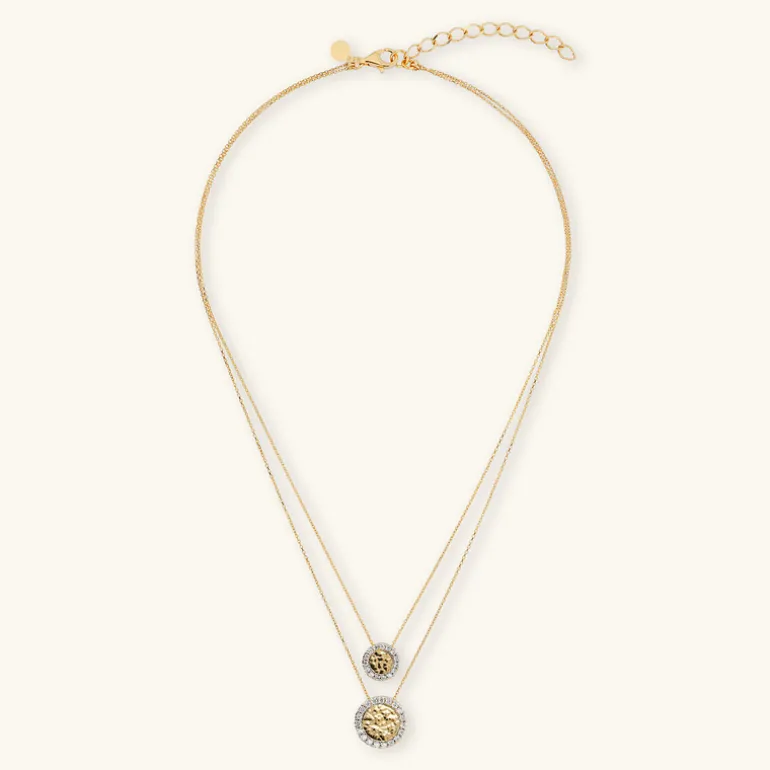 Collana Multifilo in Argento 925 Placcata Oro Giallo 18kt con Pendenti a Disco Martellati e Pavé in Cubic Zirconia