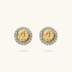 Orecchini a Lobo in Argento 925 Placcati Oro Giallo 18kt con Disco Martellato e Pavé in Cubic Zirconia