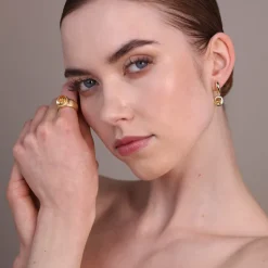 Orecchini Pendenti Martellati in Argento 925 placcato Oro Giallo 18Kt con Pietra Naturale Ovale